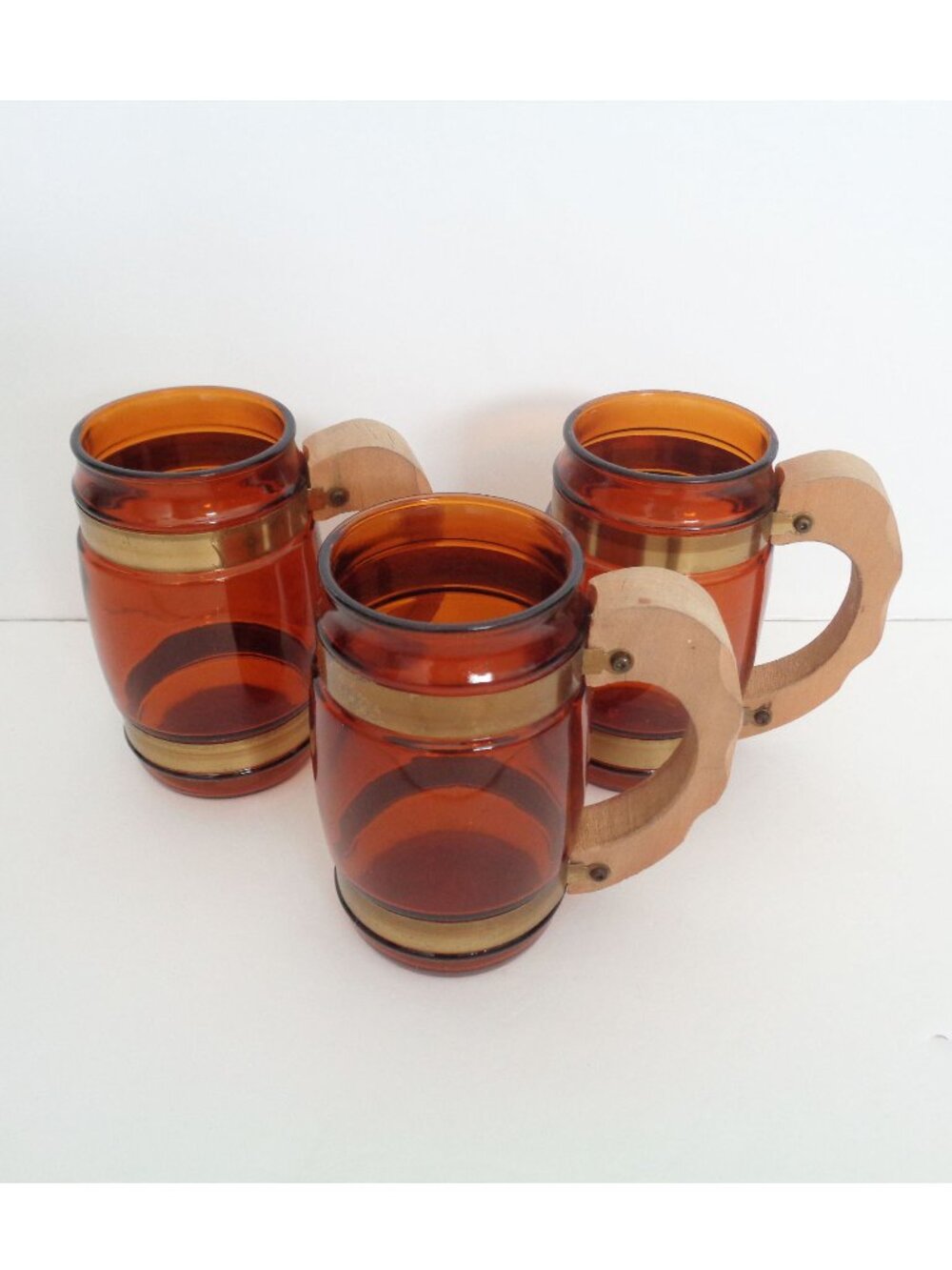 Vintage Set of 3 Siesta Ware Amber Barrel Glass Wood Handle Beer Mugs
